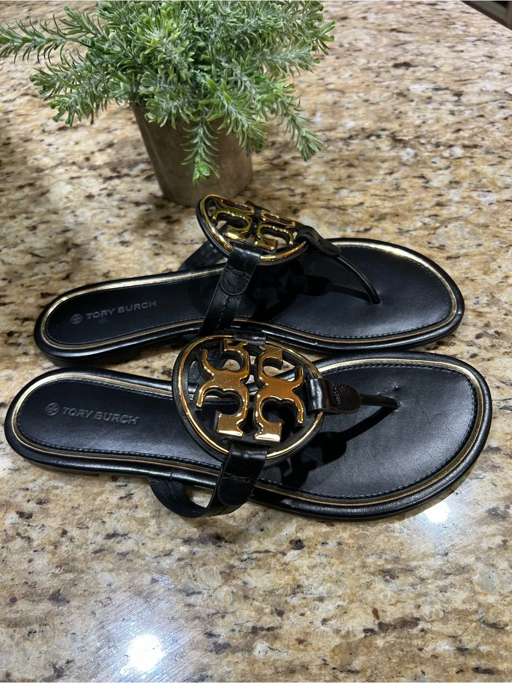 Tory Burch Miller Metal Black Leather Sandals with Gold Logo 9M